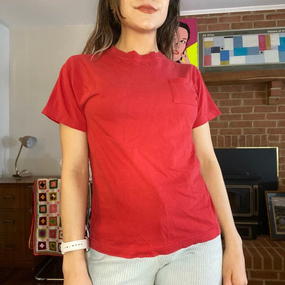 Vintage 90s Basically Nordstrom Blank Cherry Pocket Tee Soft Solid - Picture 3 of 9